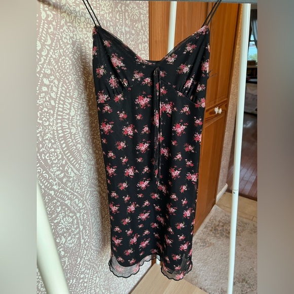 Forever21 Black and Pink Floral Mesh Spaghetti Strap Tank Mini Dress - Picture 2 of 6